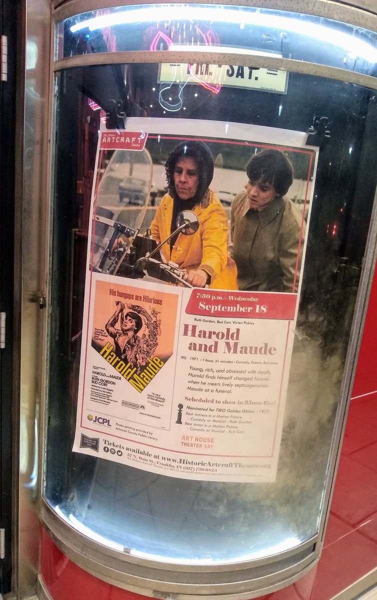 indygolfcart's tweet photo. Watched a bonafide classic this evening in beautiful 35mm. #haroldandmaude #artcrafttheater #franklin #arthousetheaterday @arthouseday  @arthousenow @artcraft https://t.co/tCGMn0AxtN