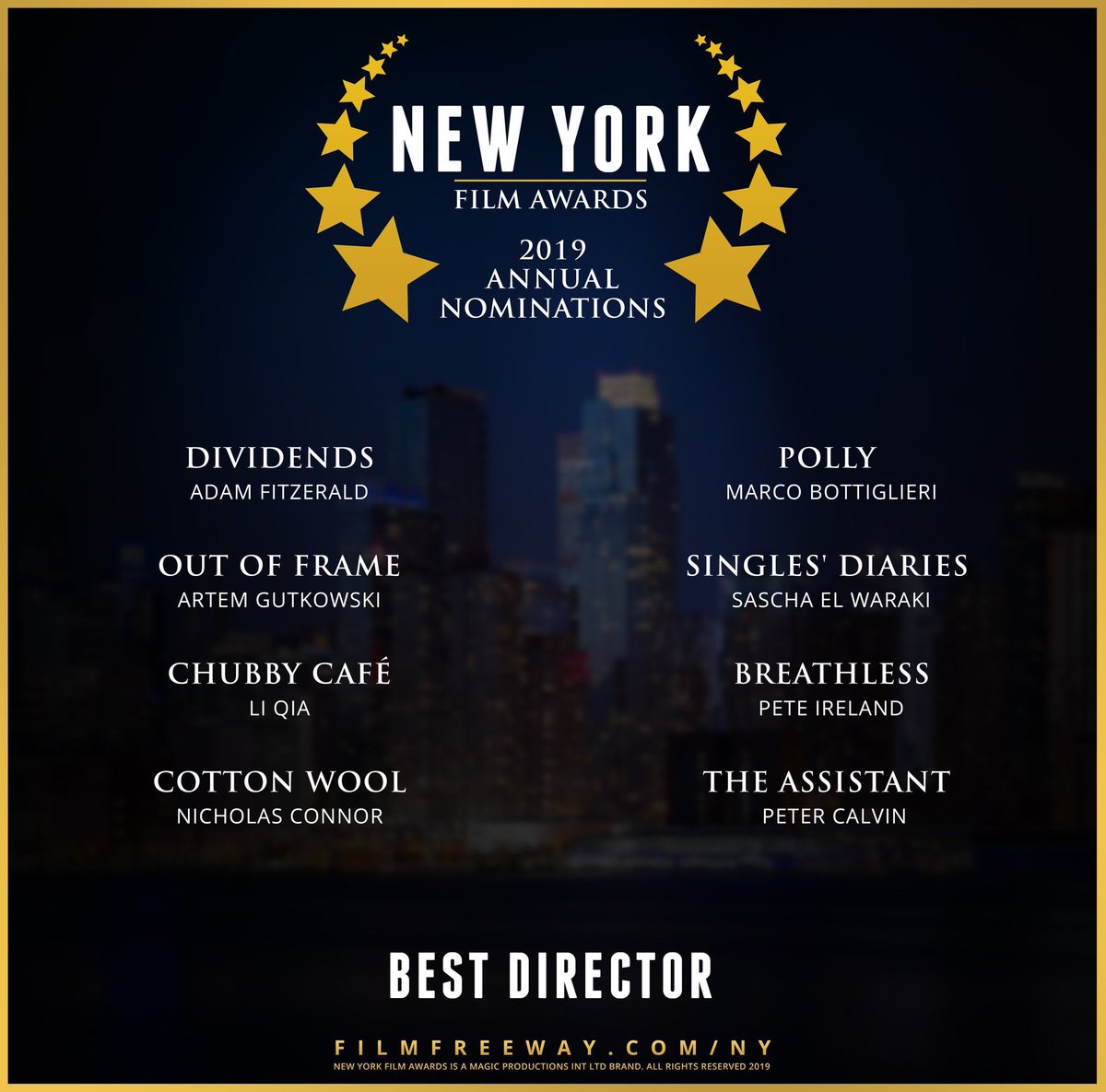 OnTheRocksFilms's tweet photo. Thanks @nyfilmawards for the 2019 Annual Nominations for Best Director and Best Cinematography of the year!  #dividends https://t.co/Aw9kjv8cS6