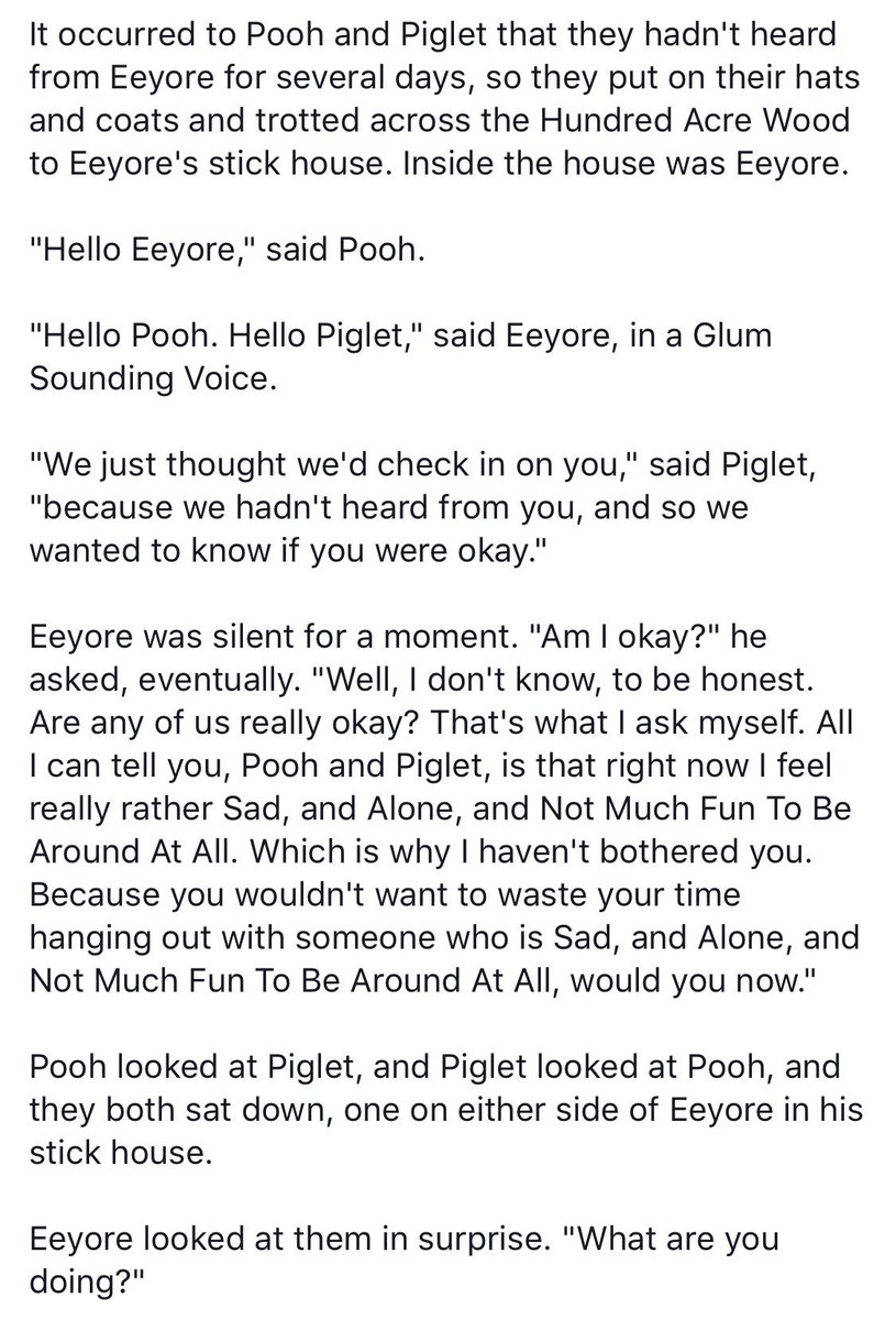 LenaAxios's tweet photo. So I read this and thought I’d share it here. Maybe someone needs to see this. I can be your Pooh or Piglet if you ever shall need one. You’re not alone. Not now, not ever.

Feel free to RT or take the pics and make your own. As long as the message gets out.
#SuicidePrevention https://t.co/CJbvA1GaTX