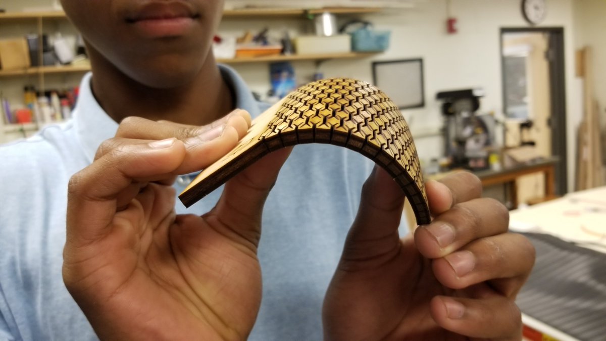 Kairo ('20) created this bendable prototype from solid plywood using the 100W laser cutter in the Robotics Lab <a href="/GeorgeSchool/">George School</a>. He's testing the flexibility of various cut patterns for a rolltop desk that he's making in his Woodworking class. #FISHBOWL #interdisciplinary <a href="/BossLaser/">Boss Laser</a>