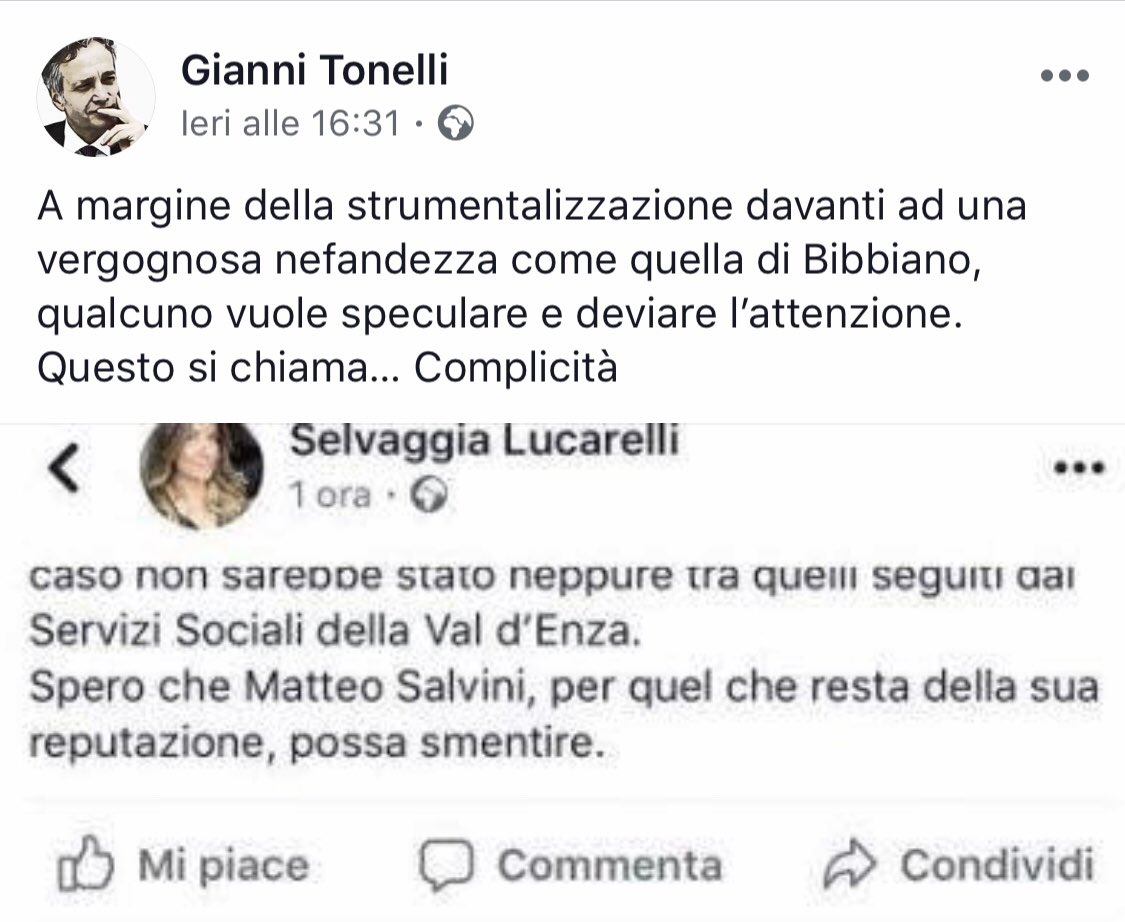 Per il poliziotto e onorevole leghista nonché segretario della commissione parlamentare antimafia Gianni Tonelli io sarei complice del sistema Bibbiano. È già stato condannato per aver diffamato Ilaria Cucchi, evidentemente è un nostalgico: vuole un’ altra querela.