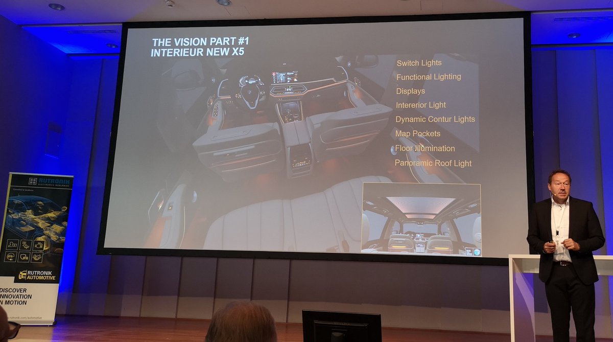 GerhardStelzer's tweet photo. Robert Isele, Head of Interior Light Development @BMW zeigt auf dem #RutronikAutomotiveCongress2019 die Trends in der #Innenbeleuchtung im #Auto: die Kunden sind bereit für #Lichteffekte zu zahlen, wie die #TakeRate belegt. @Elektronikauto @Rutronik https://t.co/f3qSOb94YU