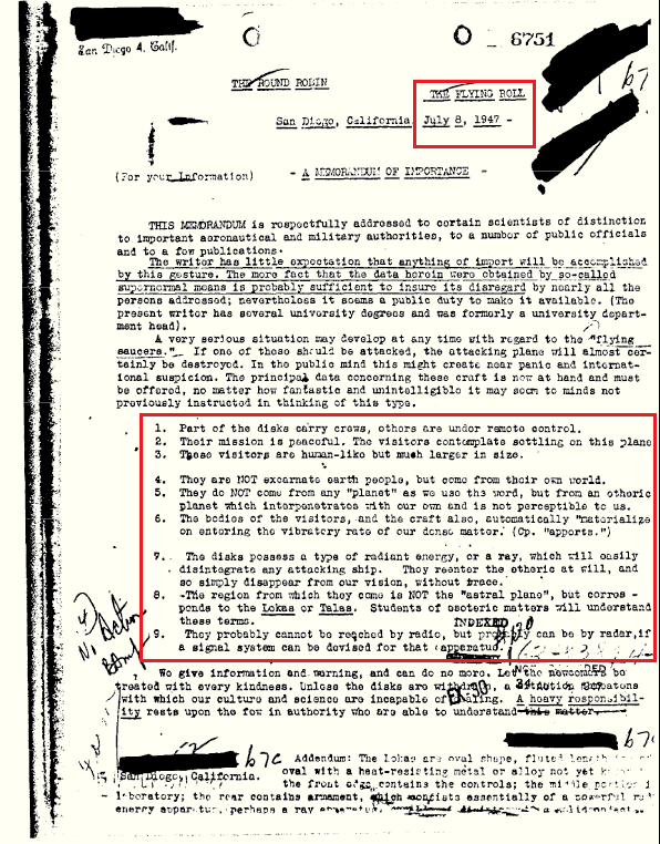 While the government claims the event was simply a downed weather balloon, a recently declassified FBI document show July 1947 discussions of not only disc craft, but of beingsNon-Earthly beings.This is in addition to a '50 document sent to Director Hoover from a field agent