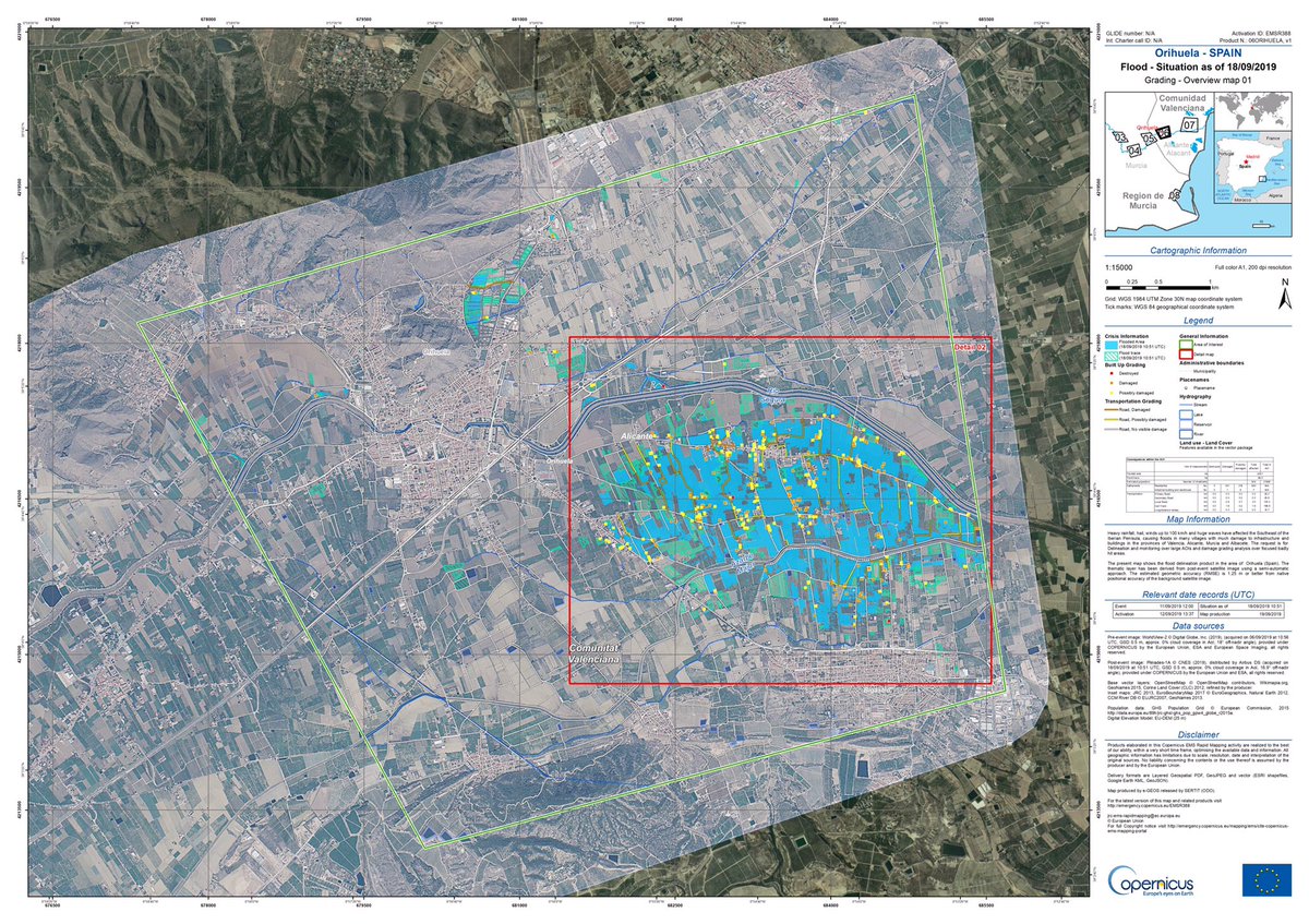 #DANA #gotafría #Orihuela #EMSR388 🇪🇸 #floods
Yet another night at work for our #RapidMappingTeam with 5 new damage grading maps delivered
These show the situation yesterday 13/09 in Orihuela - Valencian Autonomous Region
The city was still largely under water with ~250ha flooded