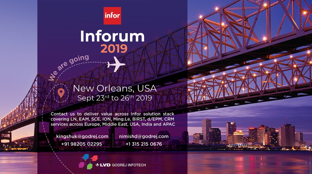 Meet us at #Infroum 2019 in New Orleans, #USA
#Godrej #LVDGodrejInfotech #Inforum2019 #Infor #InforIndia #InforLN
#InforSCM #InforEAM #InforCRM