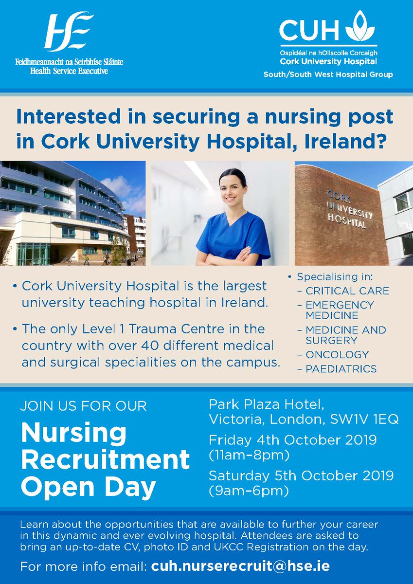 Annette76973737's tweet photo. Tell one tell all! CUH are holding a nursing recruitment drive in London on 4th &amp; 5th Oct. #jobsfairy #cuh #hse @BridAOSullivan @RobertTomlinso7 @SineadHorgan1 @SimonHarrisTD @MelFromCork @NMPDUCorkKerry @CUH_Cork @AnnaMarieKenny1 @aoifehcrowley https://t.co/piYfni1qXu