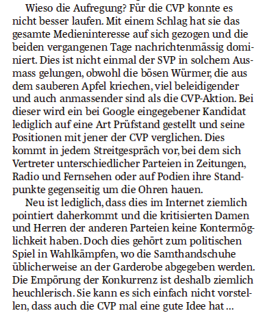 Andrea Masüger sagt es treffend in der heutigen <a href="/suedostschweiz/">Südostschweiz</a>: Die Empörung der Konkurrenz ist deshalb ziemlich
heuchlerisch. Sie kann es sich einfach nicht vorstellen,
dass auch die #CVP mal eine gute Idee hat. @CVP_PDC <a href="/CVP_GR/">Mitte/Center/Centro GR</a> <a href="/JCVPSchweiz/">Junge CVP Schweiz</a>