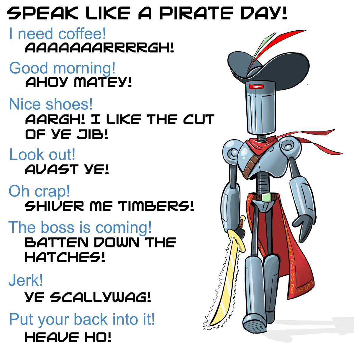 Tonycartoonish's tweet photo. #talklikeapirateday2019 #talklikeapirateday #speaklikeapirateday #speaklikeapirateday2019 #pirate #robot #drawing in @adobedrawing #adobefresco text done in @procreate #procreate 
September 19th, 2019 https://t.co/o4uaGugB5f