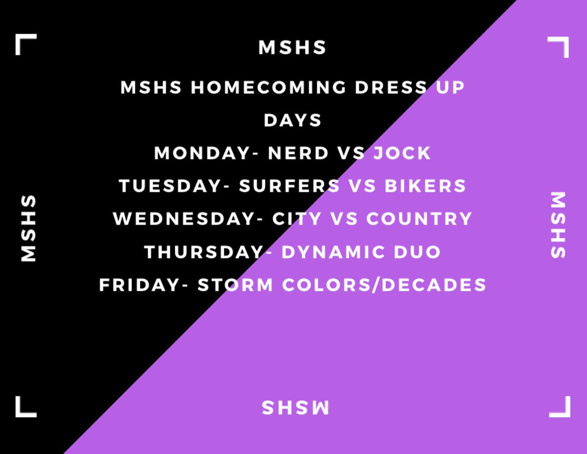 MSHSFeedback's tweet photo. Reminder that these are the dress up days for next week! Let’s celebrate homecoming together! Spread the word! https://t.co/fZ5upZeo2C