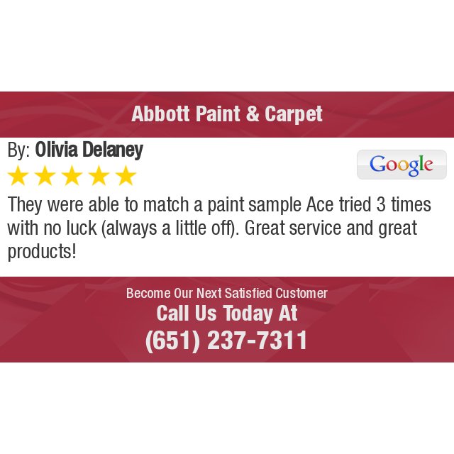 5 Star: Olivia D. "They were able to match a paint sample Ace tried 3 times with no luck (always a little off)...." bit.ly/2de4PDk
