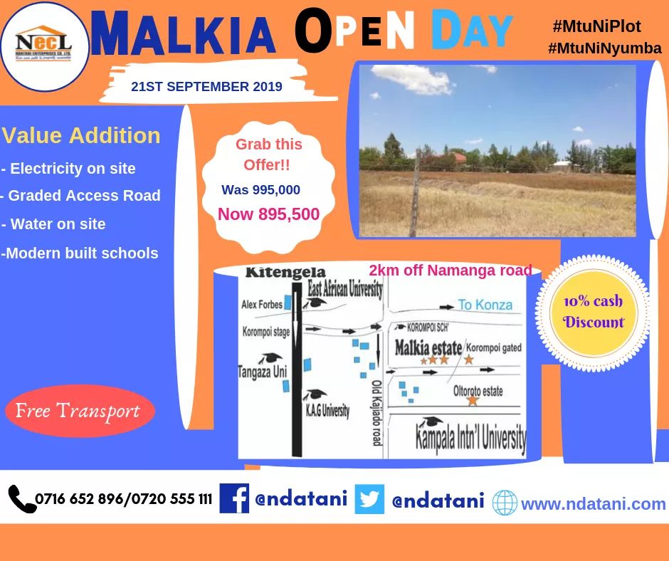 JamesBuld's tweet image. #MalkiaEstateGroundBreaking Land is the foundation of all wealth. 2 DAYS TO GO!!Malkia Estate Kitengela open day 21st Sep 2019.Free transport  from Kenya Cinema Nairobi from 9am call us now to book a seat 0716650000/0720555111 or visit ndatani.com
