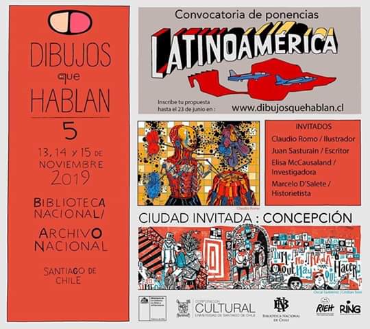 ¿Quiénes vienen a <a href="/DibujosqHablan/">Dibujos que Hablan</a> 2019 entre el 13 y el 15 de noviembre?:
La investigadora <a href="/reinohueco/">Elisa McCausland</a>; El dibujante Claudio Romo Torres; el guionista y escritor Juan Sasturain y El dibujante <a href="/marcelodsalete/">Marcelo D'Salete</a> 
<a href="/RiehOnline/">RIEH (Red de investigación y estudios del Humor)</a> <a href="/BNChile/">Biblioteca Nacional</a>