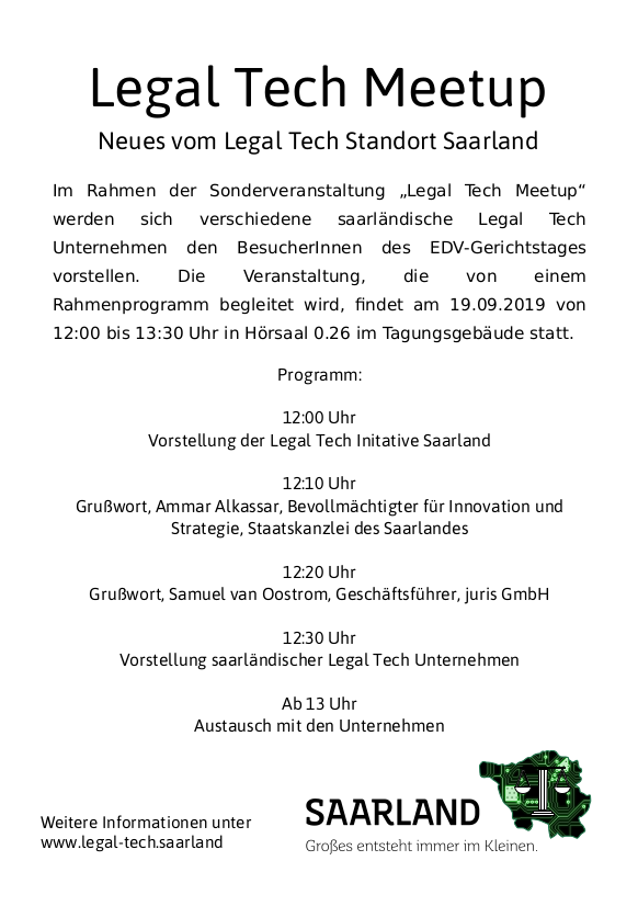 defendo_it's tweet photo. Nach der Eröffnung des #edvgt19 heute morgen wird ab 12 Uhr das #LegalTech Meetup in HS 0.26 stattfinden. Nach Grußworten von @amalkassar und Samuel Van Oostrom (@DasRechtsportal) freuen wir uns auf Vorstellungen von @urteile_gesetze, @jurmatix, @solesoftware, #econsult und uns. https://t.co/3EfzGW9Qo1