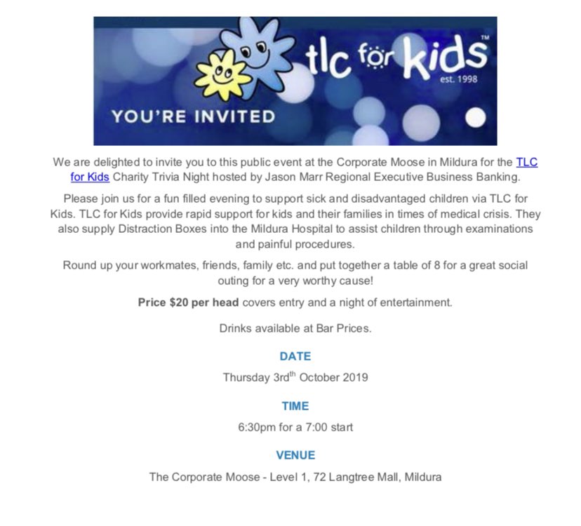 PUBLIC EVENT - <a href="/tlcforkidsaus/">TLC for Kids</a> Charity Trivia Night <a href="/TheCorpMoose/">The Corporate Moose</a> Thursday 3rd October. All Welcome!