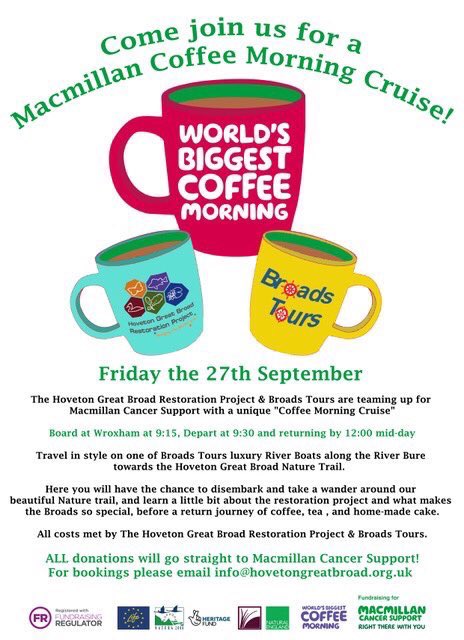 Only a week to go! Please DM/email to reserve ticket for our #unique #CoffeeMorning on #River #NorfolkBroads @BroadsBeat @BasshamPaul @jbboats @BroadsNP @Broads_LPS @norfolkshow @NancyOldfield @UeaScicommSoc @daysoutuk @MacmillanEast @TheDuckorator @break_charity please Retweet!