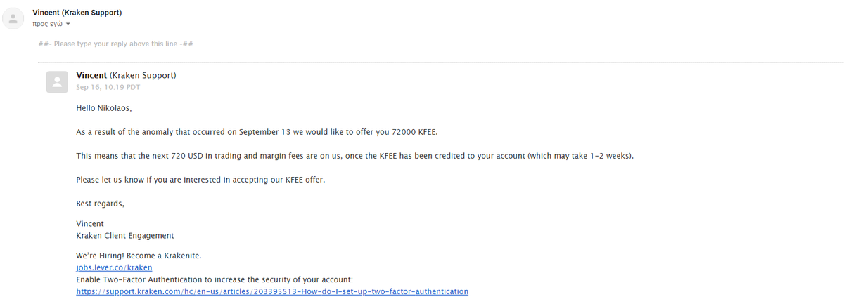 coinagegr's tweet photo. @krakenfx In defense of Kraken exchange, I contact with them and got refunded for this anomaly. This is a screenshot from their answer. https://t.co/vcgzJv73cR