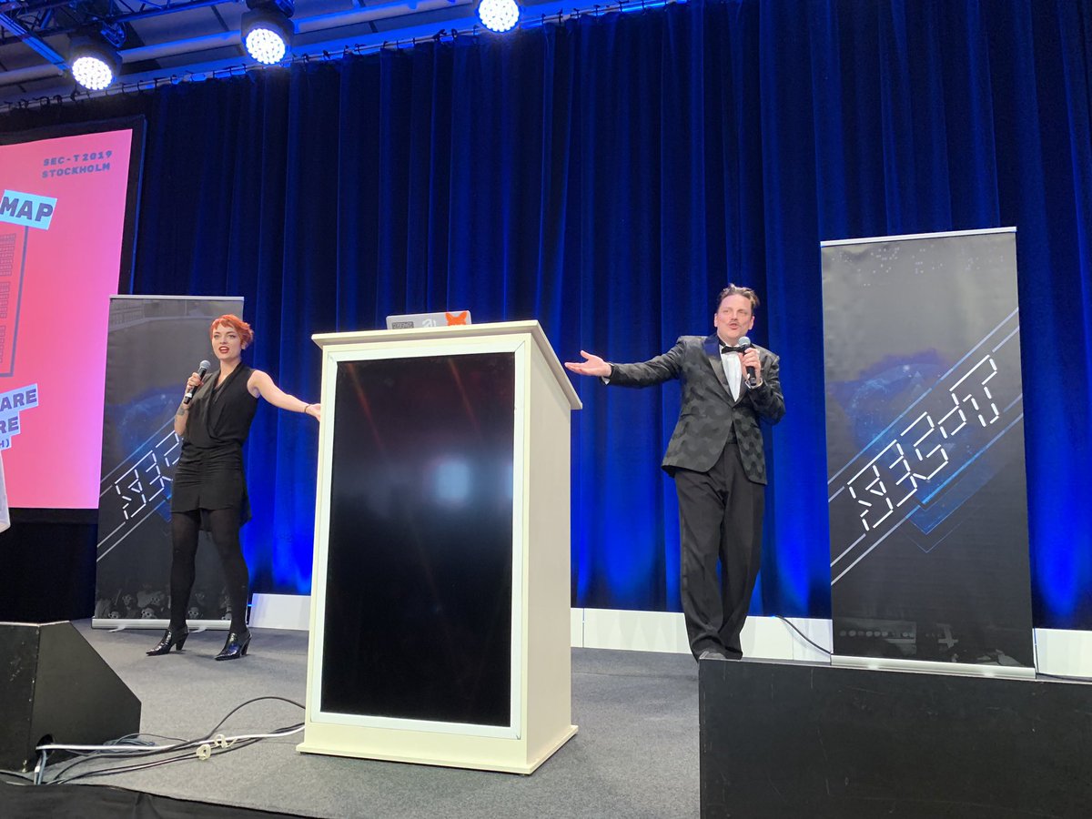 goFYEO's tweet photo. .@BTblock_io is thrilled to be @SEC_T_org for the 12th Annual Conference - last night was great! Here is @bubblewire & @skjortan on stage! #0X0compute #jointhesect #SECTorg19 #CyberSecurity https://t.co/2dLqp9GEzR