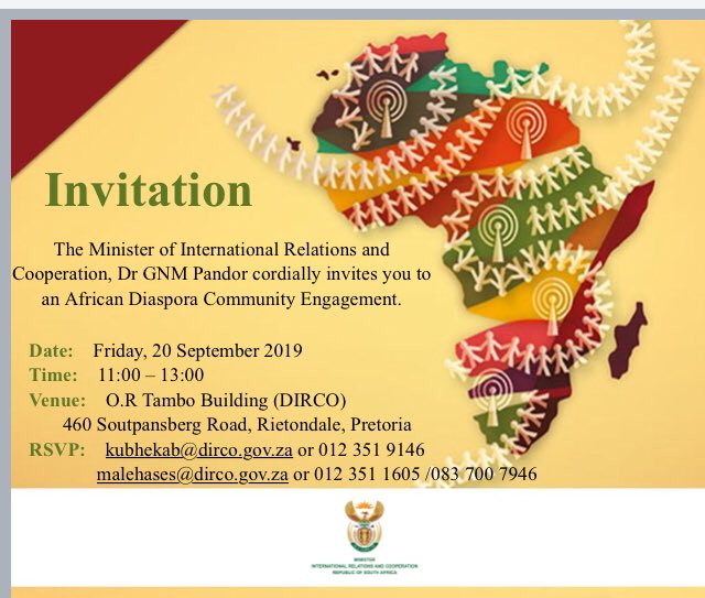 Students of the Afrikan descend of <a href="/UPTuks/">University of Pretoria</a> ,see invite from <a href="/DIRCO_ZA/">DIRCO South Africa</a> .Make contact with them.
<a href="/SZondi/">Siphumelele Zondi</a> <a href="/UP_SRC/">UP SRC</a> <a href="/PolSci_UP/">Political SciencesUP</a> @EFFSCUP <a href="/ANCYL_Tukkies/">ANCYL Univ. of PTA</a> <a href="/TuksFM1072/">TUKS FM 107.2</a> <a href="/ImmanuelLandman/">Immanuel Landman</a> <a href="/QIsmail/">Quraysha I Sooliman</a>