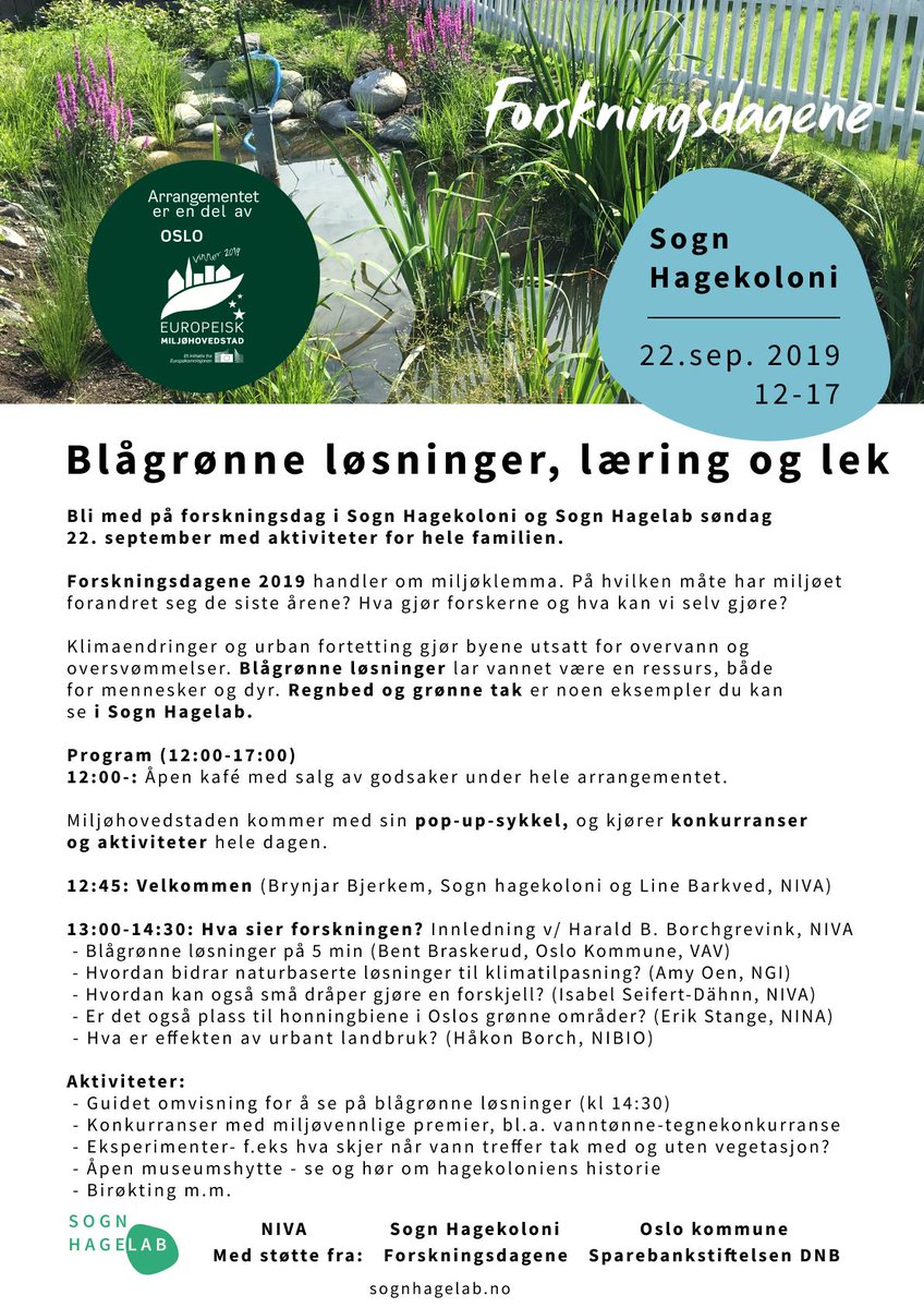 Bli med på forskningsdag i Sogn Hagekoloni 22. sep! Lær mer om blågrønne løsninger for overvannshåndtering, flomsikring, lokal miljøhistorie, urbant landbruk, bynatur, bier i byen m.m. Det blir kafé og aktiviteter for liten & stor. #forskningsdagene
forskningsdagene.no/arrangementer/…