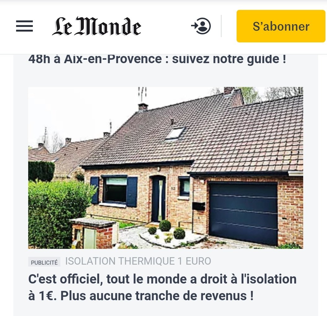 On en parle aussi  @lemondefr  @decodeurs de votre pub qui pour 1€ SANS tranche de revenu isole votre maison... puis propose un formulaire d'éligibilité... car NON c'est pas sans "tranches".Non... on en parle pas car  @60millions l'a déjà fait.