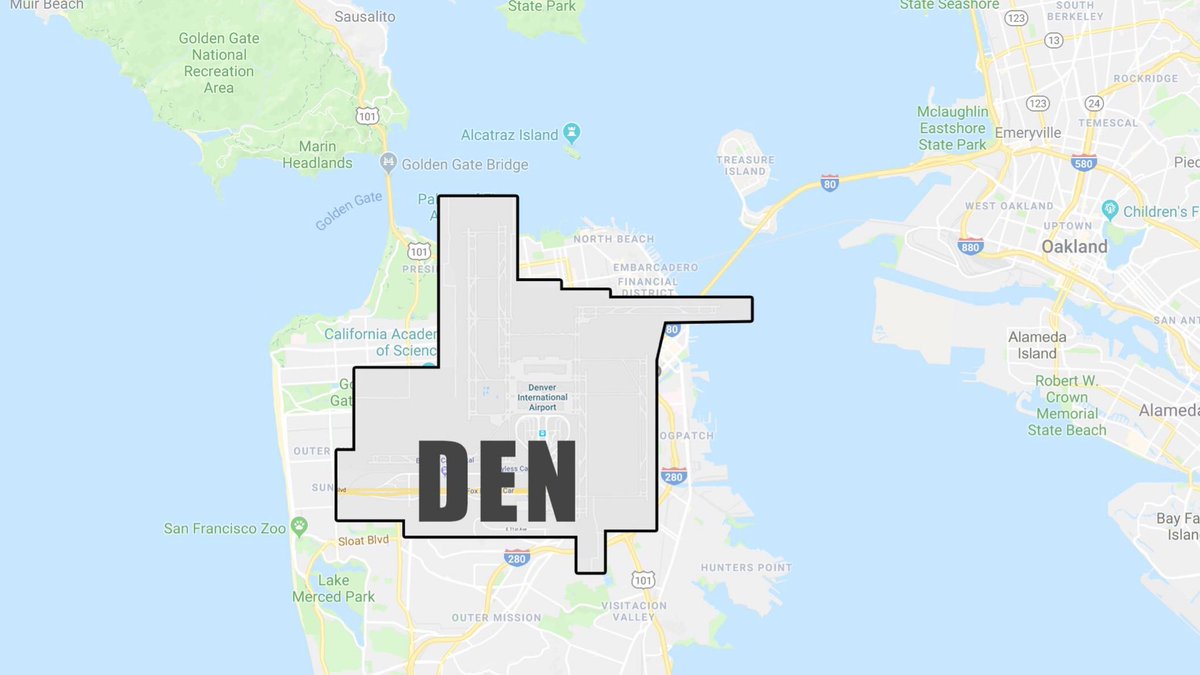 The Denver Airport is a very strange place. For one, it’s obnoxiously big. It’s TWICE as big as the next biggest airport in the US. The picture below shows it’s size compared to the city of San Fransisco.