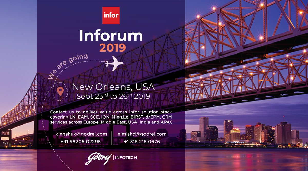Meet us at #Infroum 2019 in New Orleans, #USA
#Godrej #GodrejInfotech #Inforum2019 #Infor #InforIndia #InforLN #InforSCM #InforEAM #InforCRM