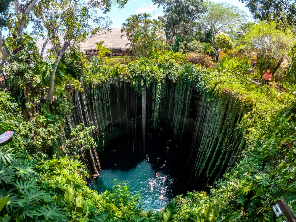 Sink hole in ruined Mayan village of Mexico.