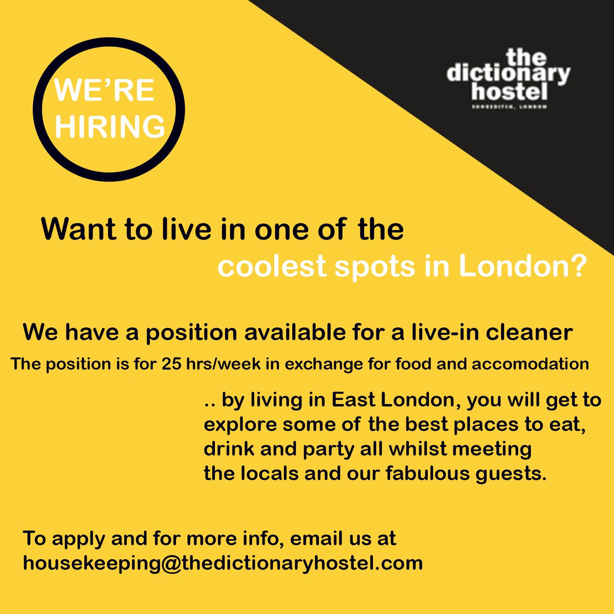 thedictionary's tweet image. WE&apos;RE HIRING! We&apos;re currently looking for positive, energetic and hard-working, live-in housekeeping staff to start immidiately. Come and join our lovely fam! 😍