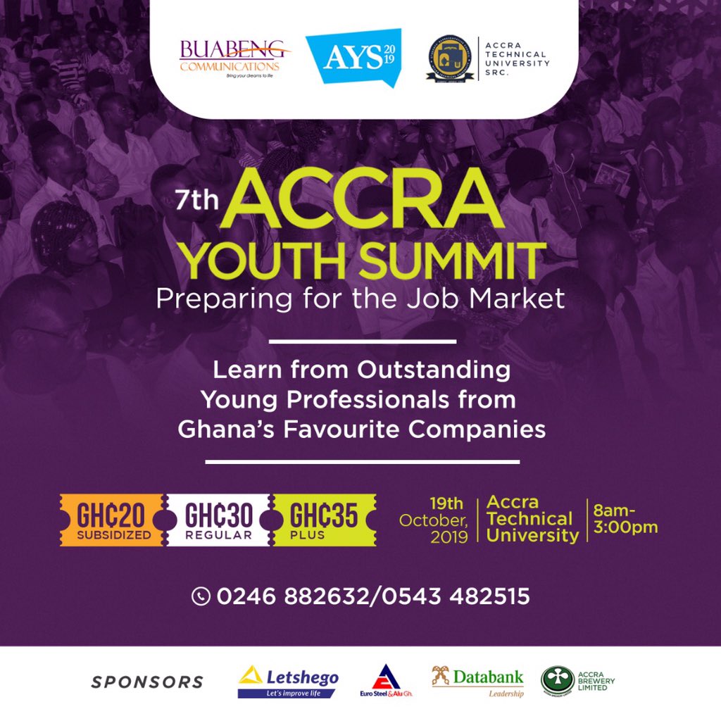 SalmedfarmsGH's tweet photo. Learn about these and more at the 7th Accra Youth Summit.  Call 0246 88 26 32/0543 48 25 15 to get tickets. You can support a young person(s) by buying tickets for them.

#AYS2019 #PreparingForTheJobMarket #RYSENSHYNE https://t.co/UQFFfmUvuV