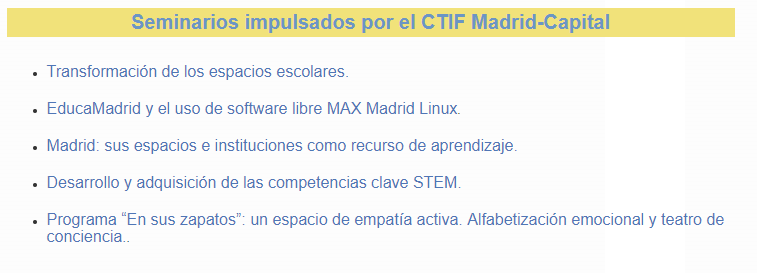 Seminarios institucionales que ofrece <a href="/CTIFMadridCap/">CTIF Madrid Capital</a> #RedFormaciónMadrid ctif.madridcapital.educa.madrid.org/index.php?opti…