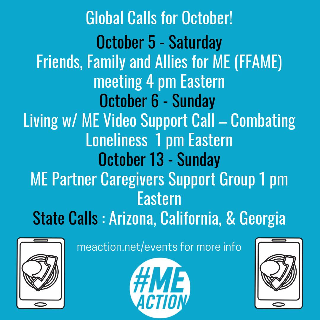 MEActNet's tweet photo. We have lots of support & advocacy calls coming up this month! Note we have two calls this weekend - including one for people with ME! You can find all the calls and their details always at https://t.co/nOOllRQGoU
#pwME #Loneliness #FFAME #Caregivers #partners #MyalgicE #Support https://t.co/UalhQrr7Zz