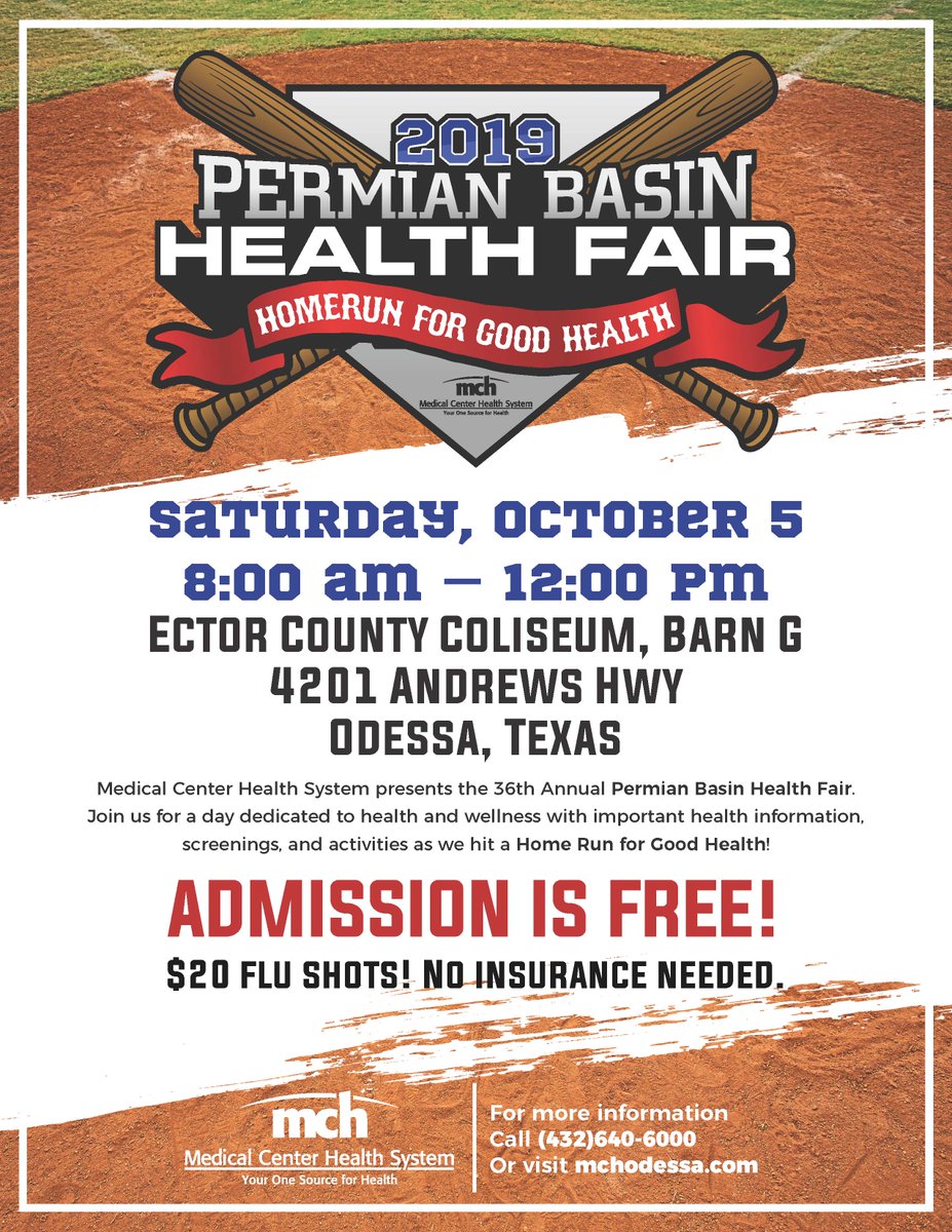 MCHOdessa's tweet photo. The 36th Annual Permian Basin Health Fair is this Saturday! More than 50 vendors will be in Barn G at the Ector County Coliseum from 8:00 a.m. until noon providing all kinds of screenings and information! The best part --- the event is FREE! We hope to see you there! #mchs #PBHF https://t.co/pYVvuG05zG