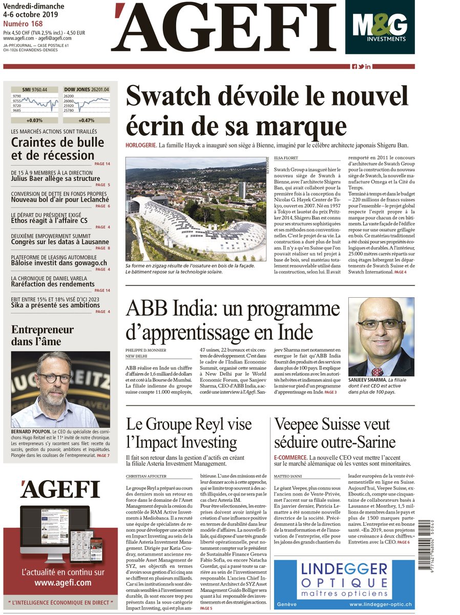 A la une du vendredi 4 octobre: Swatch dévoile le nouvel écrin de sa marque / Entrepreneur dans l'âme avec Bernard Poupon de Hugo Reitzel / Veepee Suisse veut séduire outre-Sarine agefi.com/decouvrir/agef…