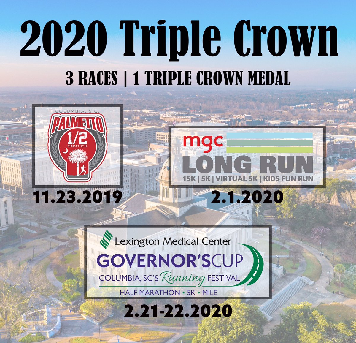 Excited to announce that we are partnering with <a href="/GovernorsCupSC/">GovernorsCupSC</a> and <a href="/MGCLongRun/">MGC Long Run</a> for the Triple Crown! Run our half marathon, the 15k at MGC, and the half at Gov Cup and you will get a special medal! Get signed up soon!