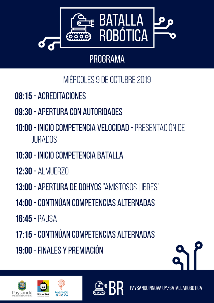 Paysandu_Innova's tweet photo. El 9 de octubre llega la segunda edición de #BatallaRobótica.

Te presentamos el programa del evento.

Inscribite para participar en https://t.co/FfTv8uAKZG

Organizan @comunicacionidp y @RoboProk https://t.co/9gbvpD8PSz