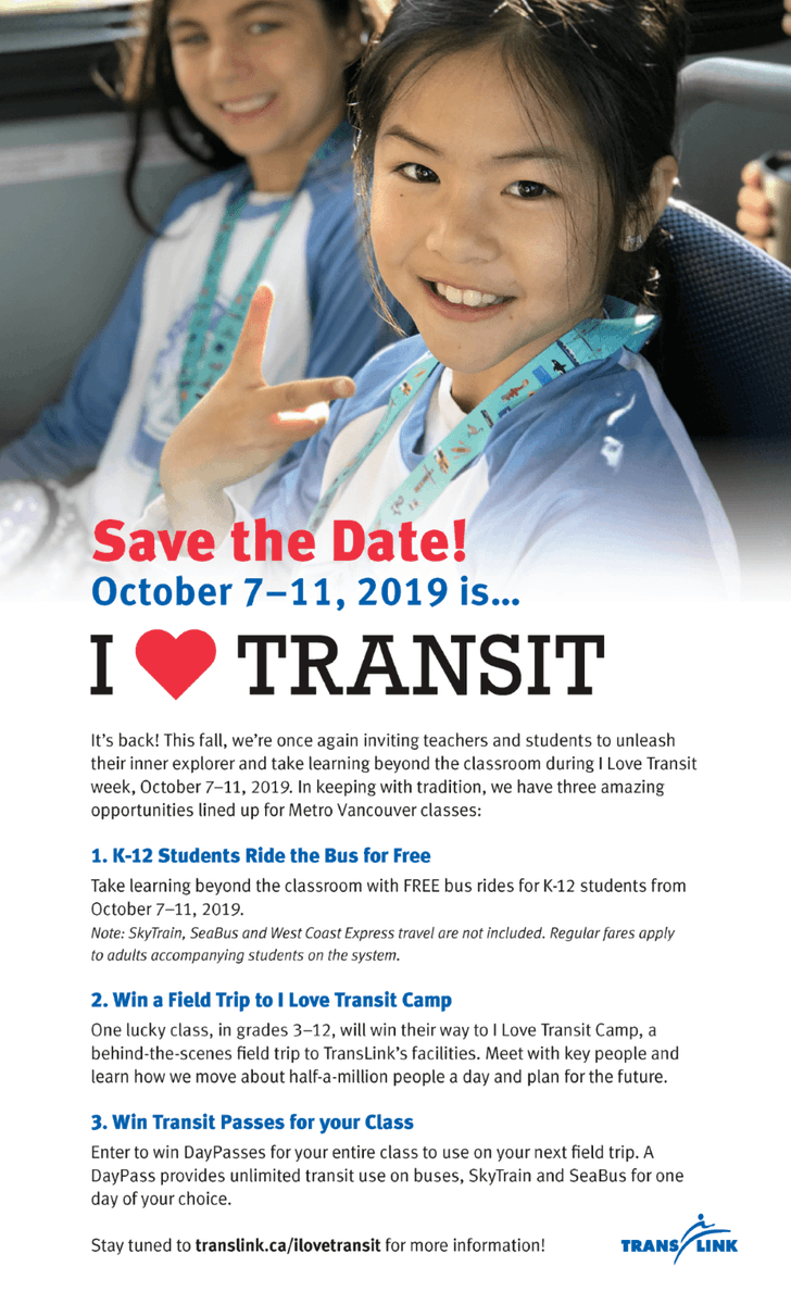 Save the Date! #ILoveTransit Week is happening from Oct 7-11! All K-12 Students ride the bus for FREE! A class also gets a chance to win a field trip to I Love Transit Camp and Day Passes to use on their next field trip. Learn more: ow.ly/hHRu50vCI8g