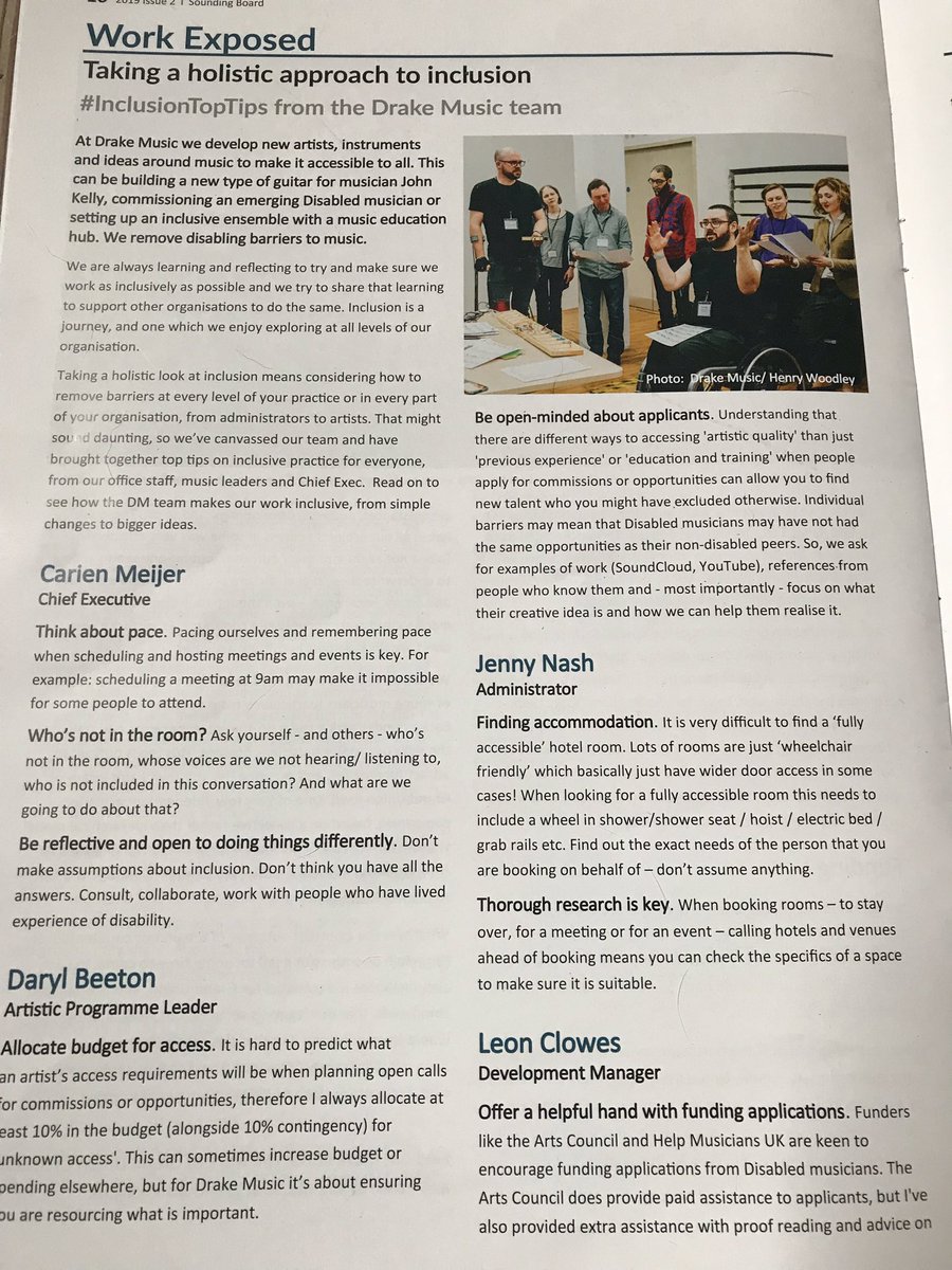 CarienMeijer's tweet photo. Wonderful to see this @SoundSenseUK article feat. #InclusionTopTips from the @Drake_Music team. With contributions from @beahubble @rockinpaddy @JonathanHering @DarylBeeton &amp; many others. https://t.co/5sPyteZr7Q