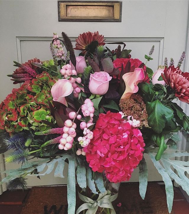 A burst of berry tones for this big &amp; beautiful bouquet. A gorgeous time of year!#autumn #autumnflowers #autumnalbouquet #autumnvibes #flowers #flowerdesign #florist #flowershop #flowerstagram #hydrangea #berries #roses #weddingflowersinspiration #weddingflorist #yorkshire
