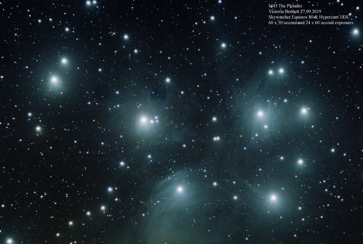 vicky050373's tweet photo. Fridge darks have worked! (now I just need to suss out flats)
M45 The Pleiades 27.09.2019
Skywatcher Equinox 80 ED refractor &amp; Altair Hypercam 183C PRO
60 x 30 second and 24 x 60 second exposures https://t.co/vlxnGznN7A