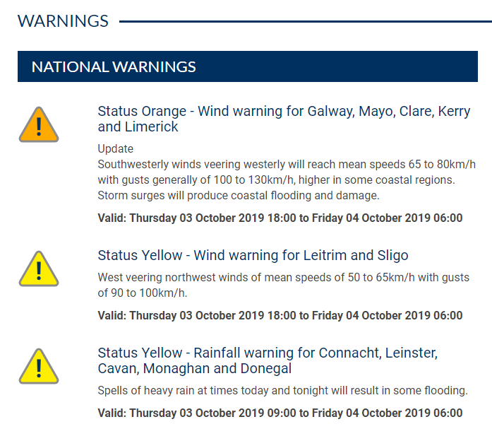 MetEireann's tweet photo. The yellow wind warning for much of the S &amp; E has now expired. There remains an Orange wind warning in force along the west coast - Mayo to Kerry - plus a yellow wind warning in Leitrim &amp; Sligo and a yellow rainfall warning for many counties
https://t.co/oOxITrsnvw
#StormLorenzo https://t.co/EFn7kYIuvN