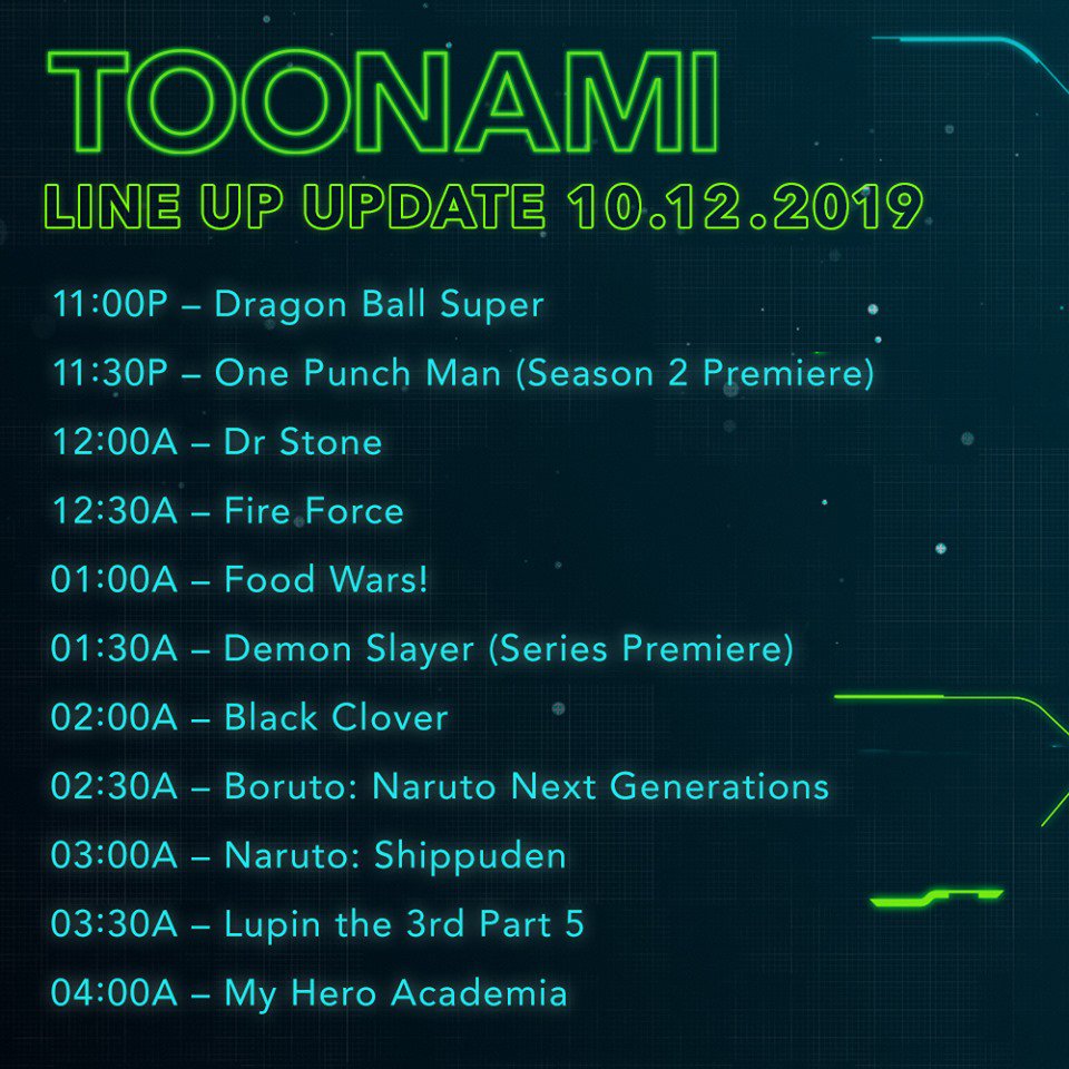 #OnePunchMan premieres October 12 at 11:30 p.m, #DemonSlayer at 1:30 a.m. toonamifaithful.com/one-punch-man-…