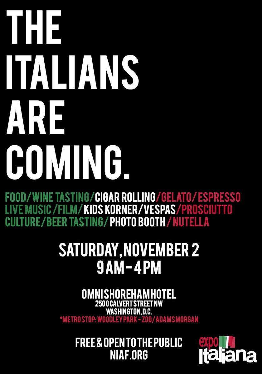niaforg's tweet photo. Nutella, prosciutto and wine, oh my!
Come to NIAF's #ExpoItaliana on Saturday, November 2, 9 a.m. - 4 p.m., in Washington, D.C.
It is FREE and open to the public, so bring your family and friends! #niafgala44
For the latest details, visit: https://t.co/8spvPCWPQh. https://t.co/N74MI7PwQj