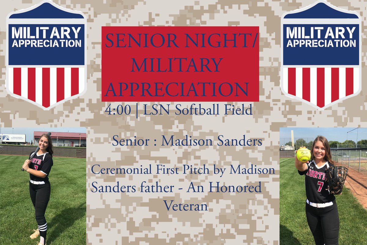 LSNsoftball's tweet photo. Tonight’s game is also Senior night/ Military Appreciation! 
We will have our Senior Madison Sanders recognized!🥎🥎🥎 

We are also honored to have her father throwing out our first pitch today! Who willingly served for our country.   
🇺🇸🇺🇸🇺🇸

#THANKYOU https://t.co/kmohdwEFSv