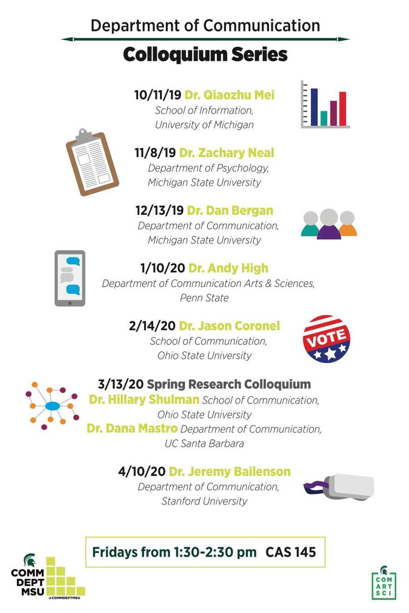CommDeptMSU's tweet photo. Drumroll please 🥁🥁.. the Dept of Communication Colloquium Series is back! Here is a sneak peak of the upcoming speakers. Each month a visiting scholar will give us an insight into their cutting edge research! Write it down in your calendars so you don't miss any of the action🗓 https://t.co/4ttTTDVrLv