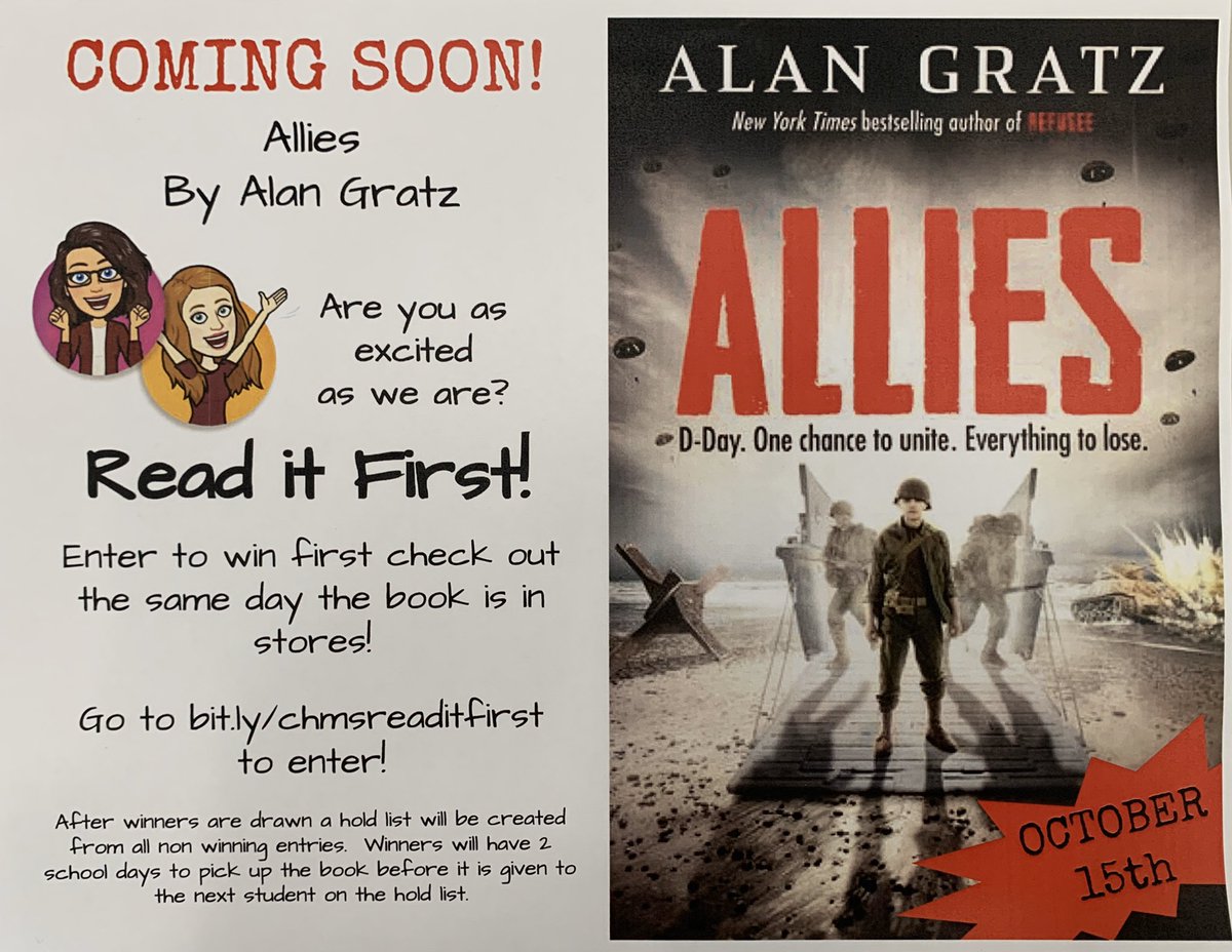 Read it First! Win 1st check out of Alan Gratz new book “Allies” use the google form to submit your entry. Winners announced October 15th the same day the book comes out!      bit.ly/chmsreaditfirst