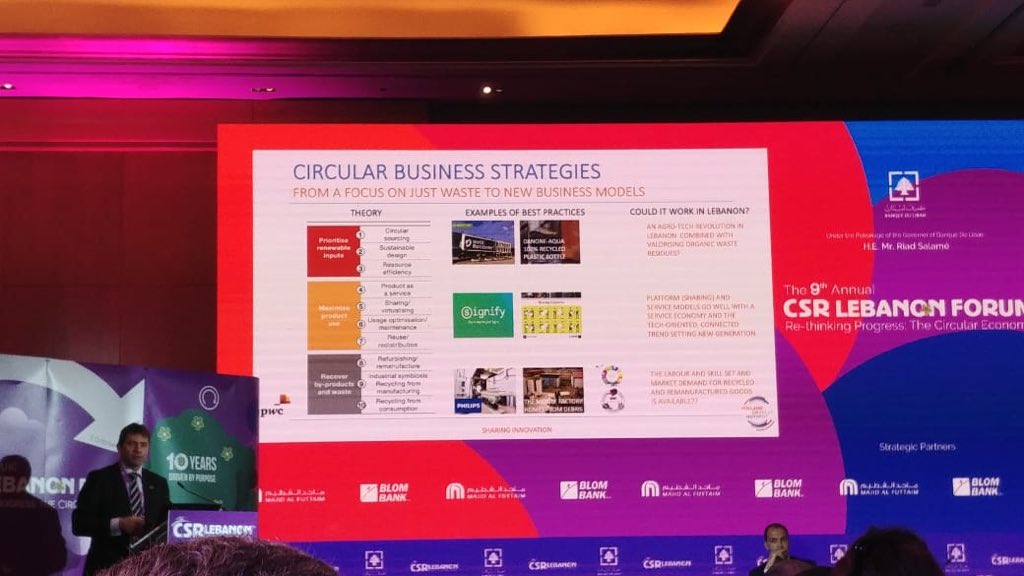 JanWaltmans's tweet photo. Circular economy, reducing use of natural resources and waste, discussed at corporate social responsibility conference in Beirut. Interesting presentation of Freek Van Eijk, director of Holland circular hotspot. #CSRLB9 #csr https://t.co/1BUgAr1Zx9
