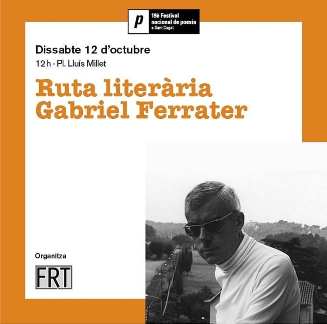 Dissabte 12 d'octubre podrem seguir l'itinerari Ferrater que va dissenyar la Maria Nunes. El<a href="/FNPoesiacat/">Festival Nacional de Poesia</a> ens dona una nova oportunitat de fer més visible i popular la poesia i Ferrater.
Us hi esperem!
<a href="/ajsantcugat/">Aj. Sant Cugat</a>
<a href="/EstherMadrona/">Esther Madrona Grases</a> @FNPoesiacat <a href="/TeatreAuditori/">Teatre-Auditori Emma Vilarasau</a>
<a href="/cugatmedia/">Cugat Mèdia</a>