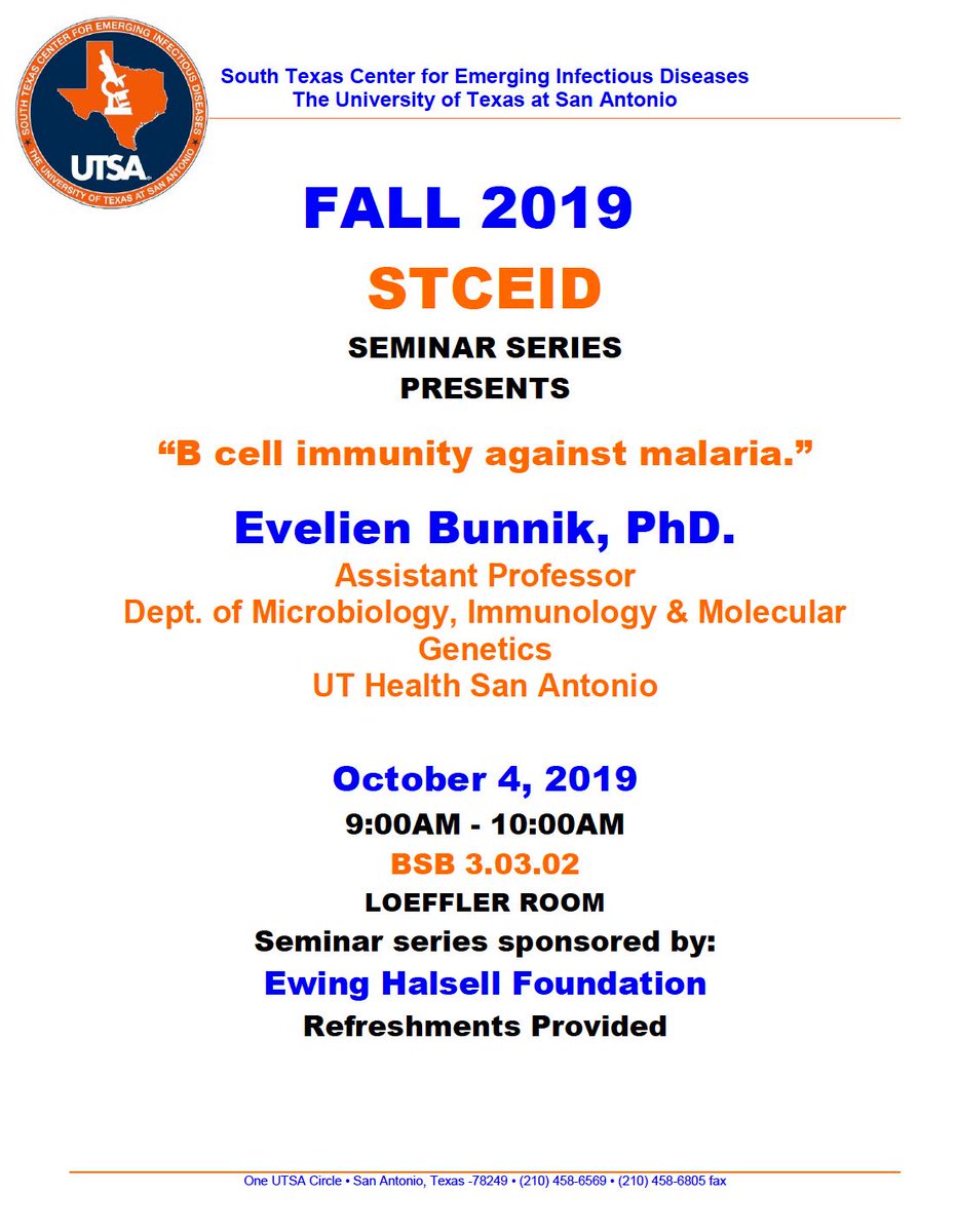 Remember tomorrow at 9 am we have our <a href="/STCEID/">STCEID</a> seminar with Dr. Evelien Bunnik from <a href="/UTHealthSA/">UT Health San Antonio</a>. Her talked is titled "B cell immunity against malaria"