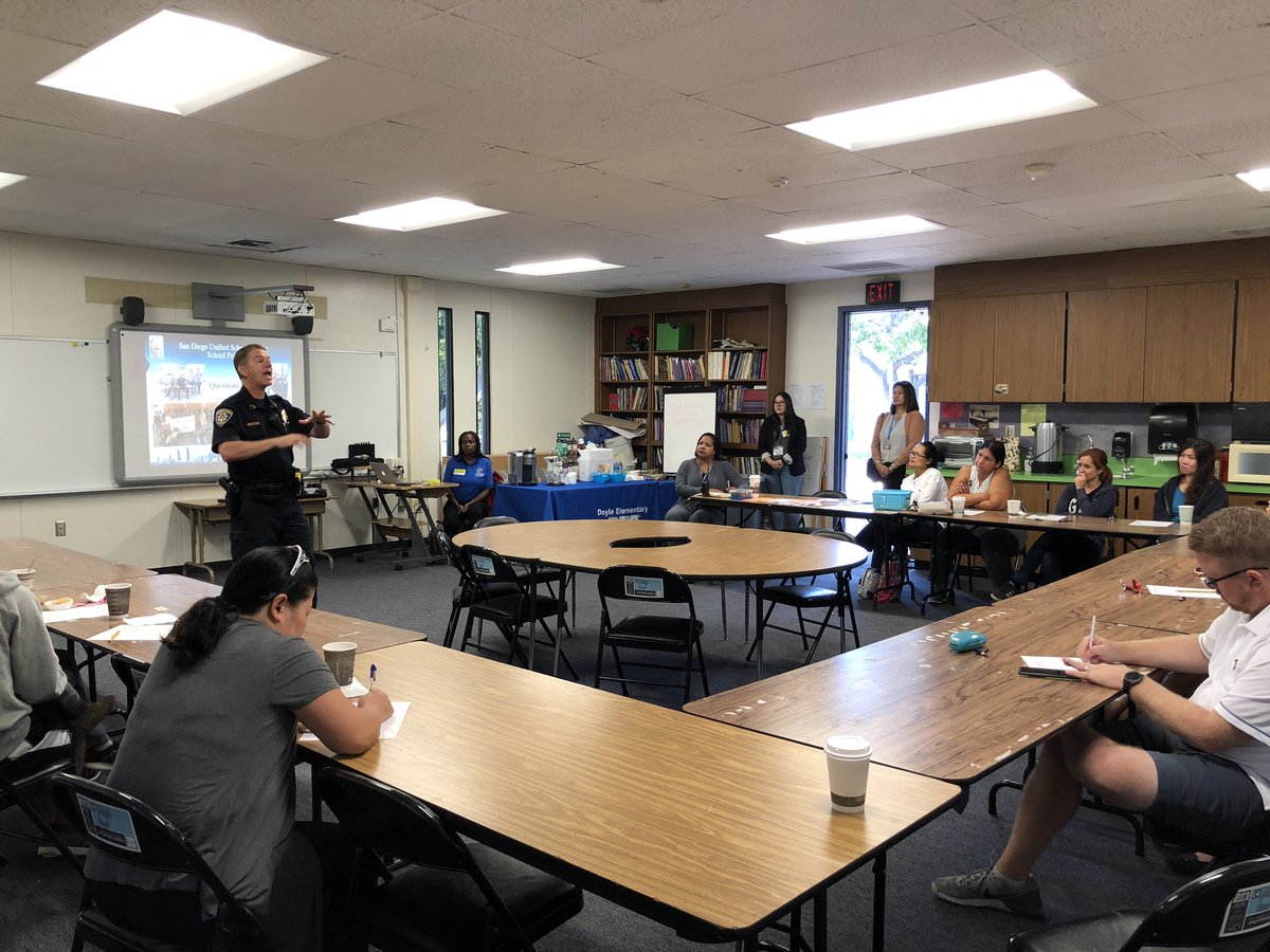 DoylePTA's tweet photo. Thank you to SDUSD School Police Officer Gray and the family engagement department for our “coffee with a cop” parent coffee this morning @DoyleElementary! #doylepta #coffeewithacop https://t.co/zWEzQxsogh
