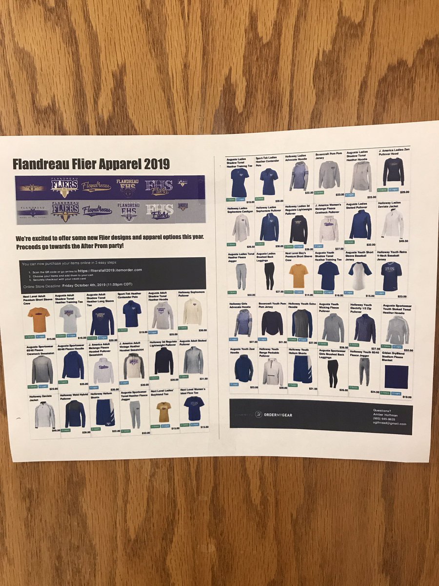 Just a reminder the the Flier Apparel store closes tomorrow. Get those orders in! (There is a chance we will reopen the store again in a couple weeks.) Thanks for supporting the After Prom. 

Fliersfall2019.itemorder.com/sale